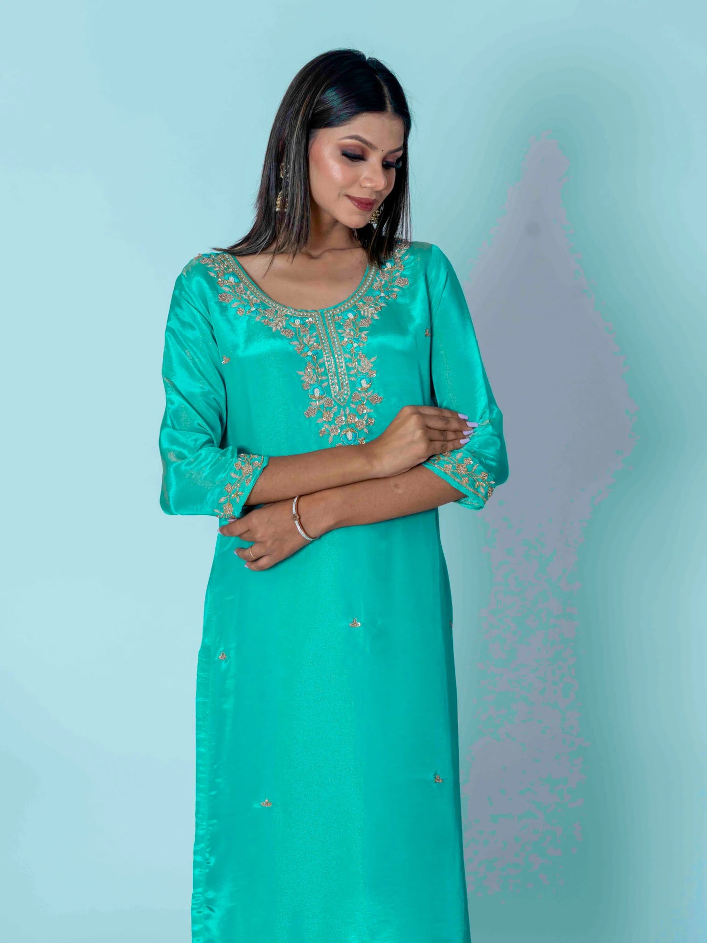 Ocean Breeze: Sea Green Designer Shimmar Opada Suit