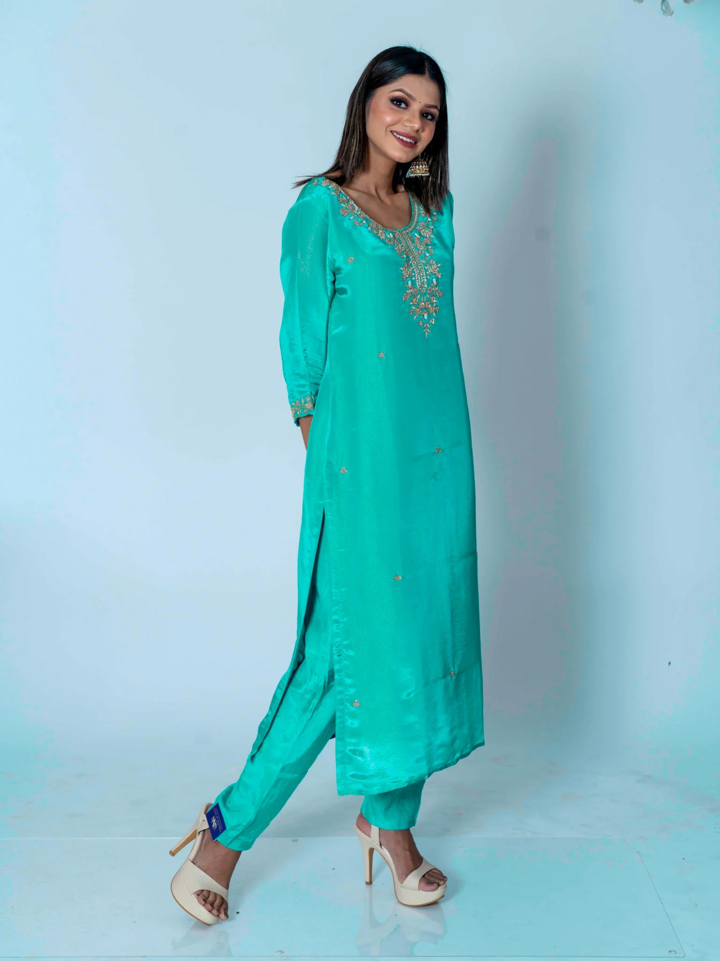 Ocean Breeze: Sea Green Designer Shimmar Opada Suit