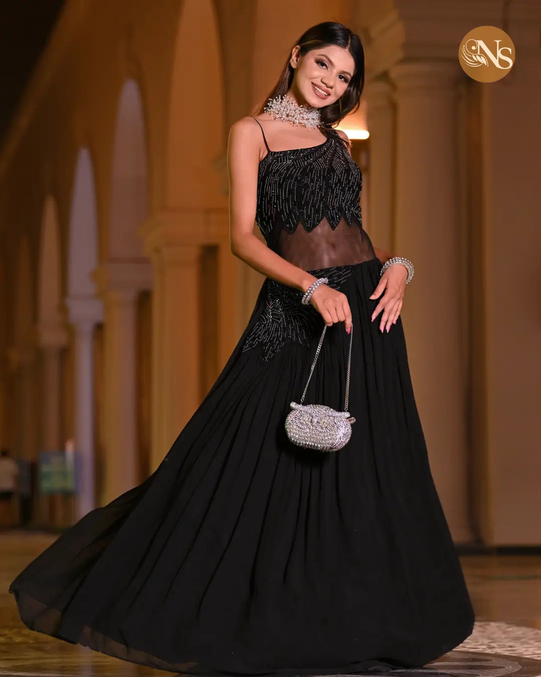 Midnight Elegance: Designer Black A-Line Dress