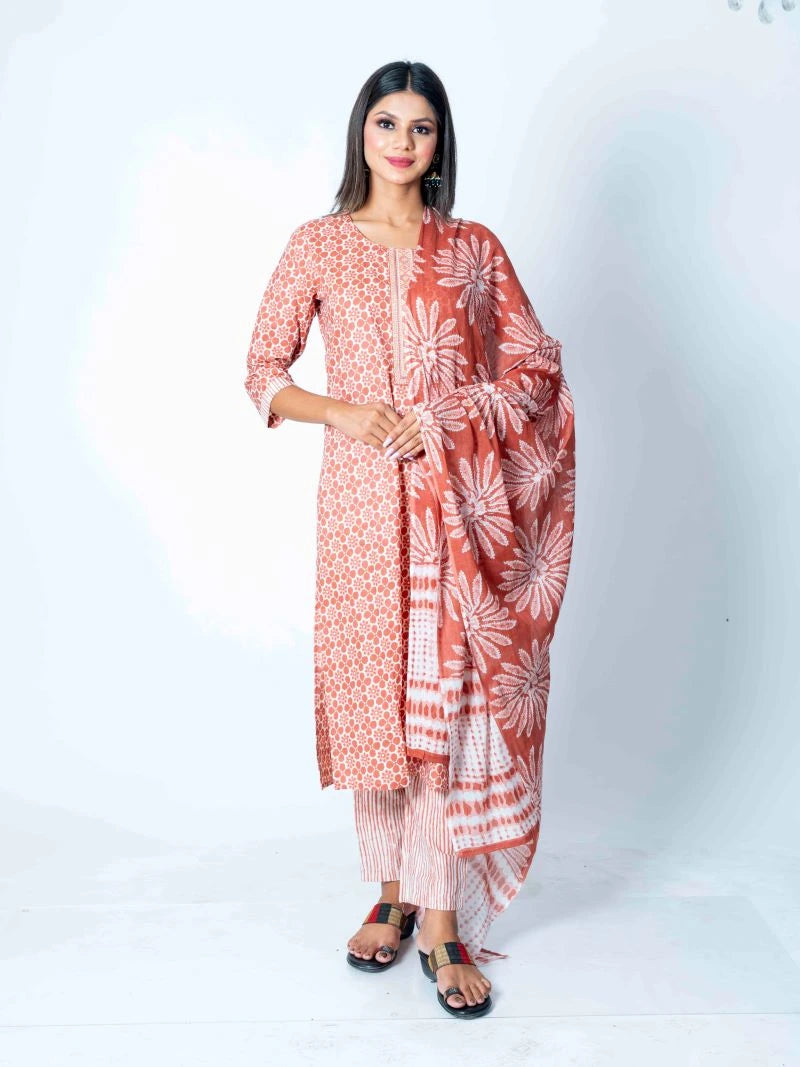 Brown Printed Cotton Suit Set