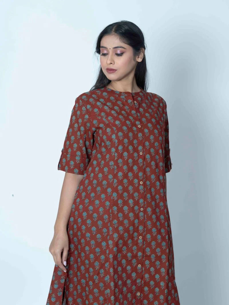Crimson Maroon Printed Cotton Suit Set