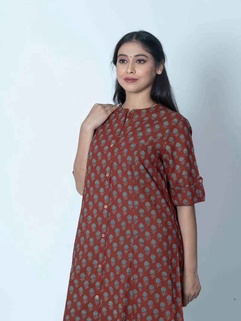 Crimson Maroon Printed Cotton Suit Set