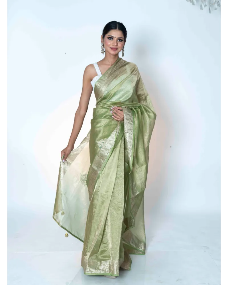 Emerald Elegance Green Crush Tissue Banarasi Saree with White Blouse