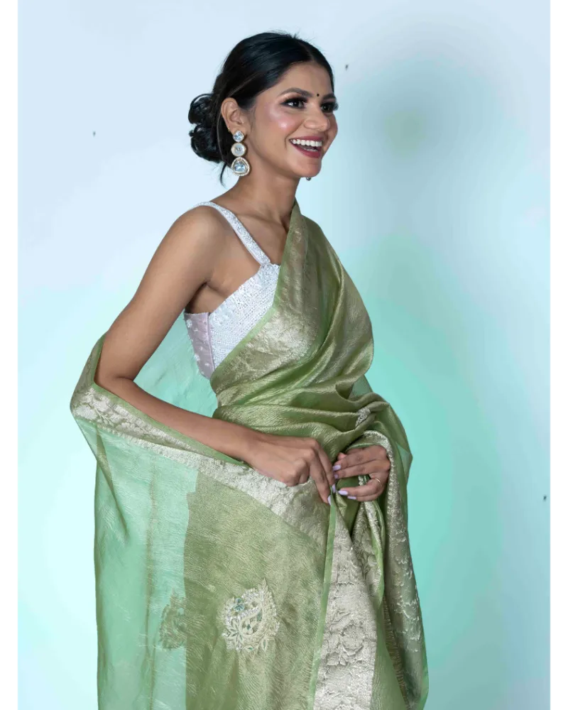 Emerald Elegance Green Crush Tissue Banarasi Saree with White Blouse