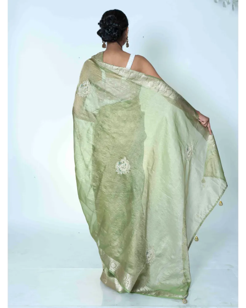 Emerald Elegance Green Crush Tissue Banarasi Saree with White Blouse