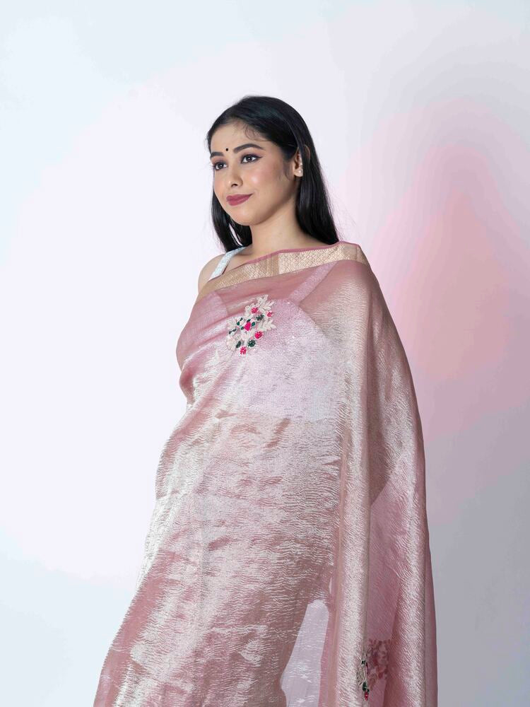 Peach Glow Crush Tissue Saree with Banarasi Border