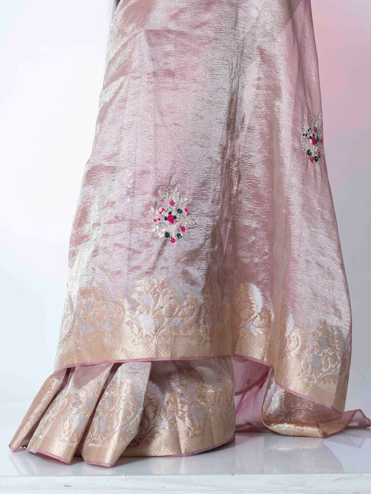 Peach Glow Crush Tissue Saree with Banarasi Border