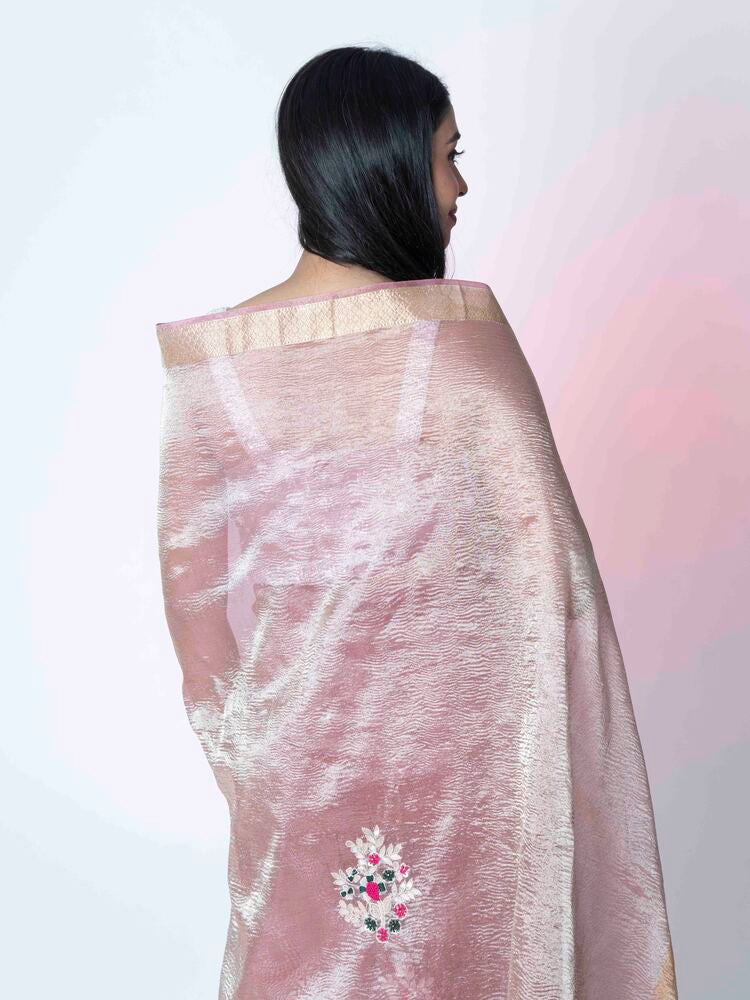 Peach Glow Crush Tissue Saree with Banarasi Border