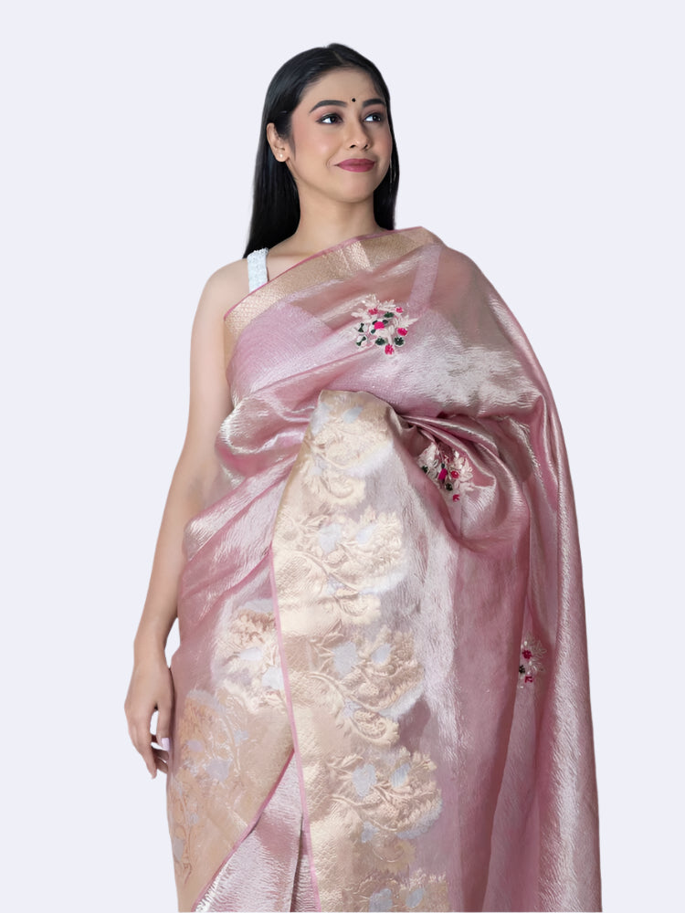 Peach Glow Crush Tissue Saree with Banarasi Border