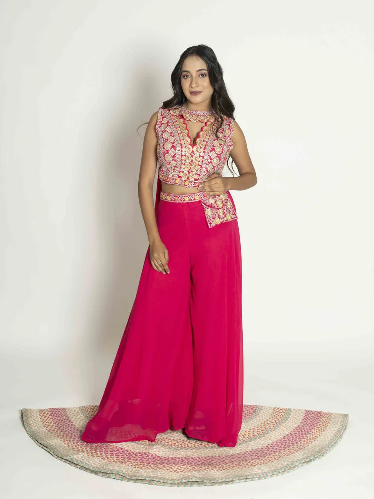 Rani Pink Elegance – Blouse, Choker, Dupatta & Palazzo Set