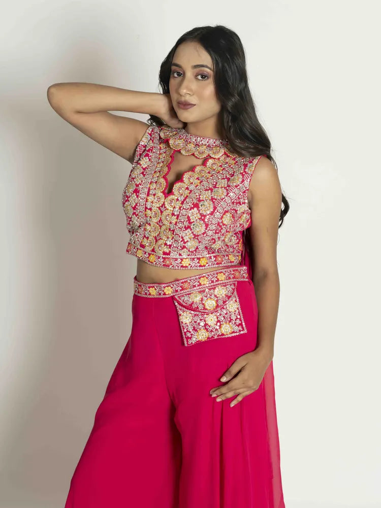 Rani Pink Elegance – Blouse, Choker, Dupatta & Palazzo Set