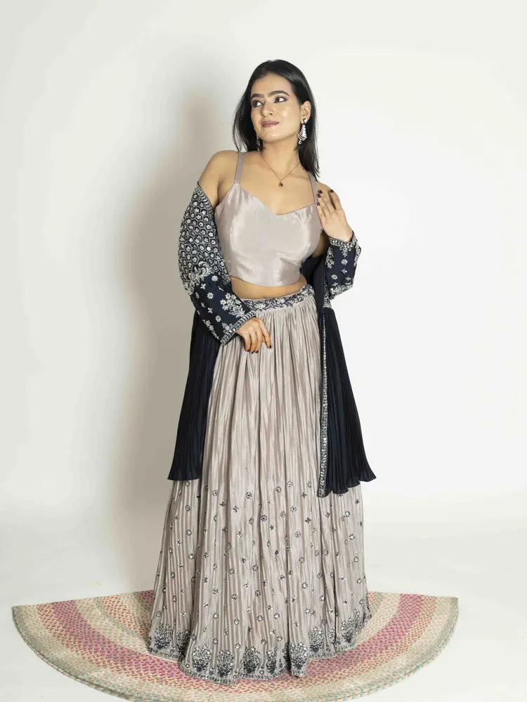 Beige Blue Delight – Skirt, Blouse & Shrug Set
