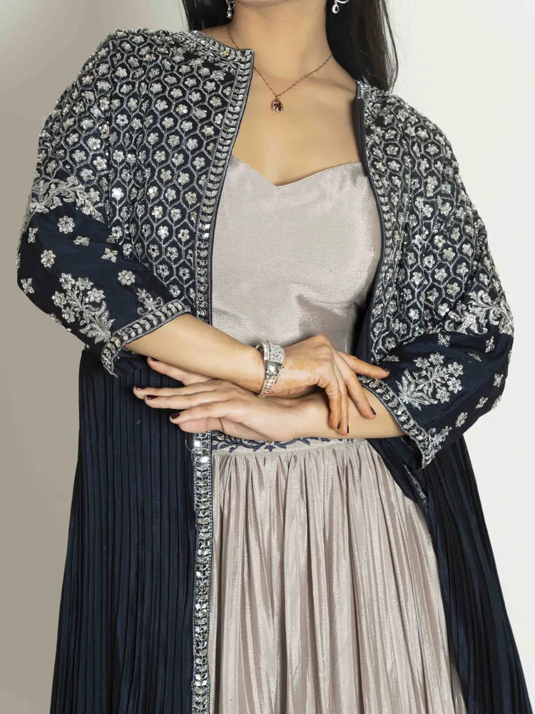 Beige Blue Delight – Skirt, Blouse & Shrug Set