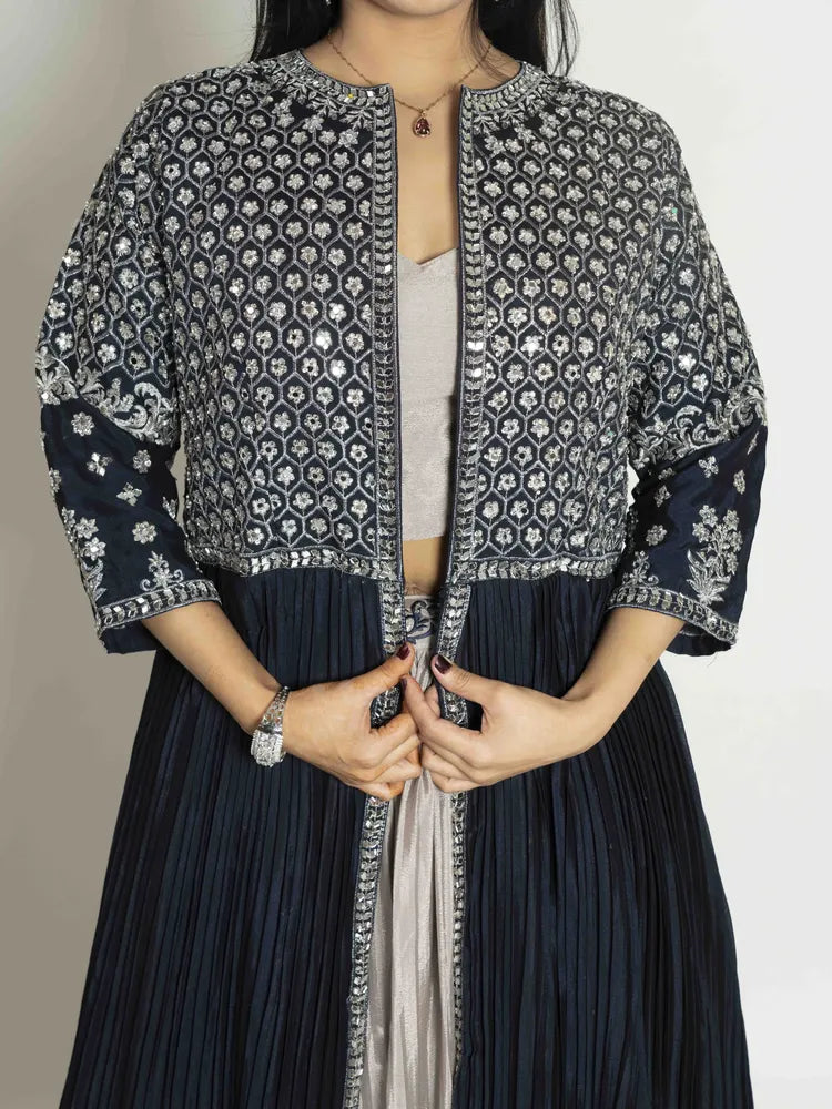 Beige Blue Delight – Skirt, Blouse & Shrug Set