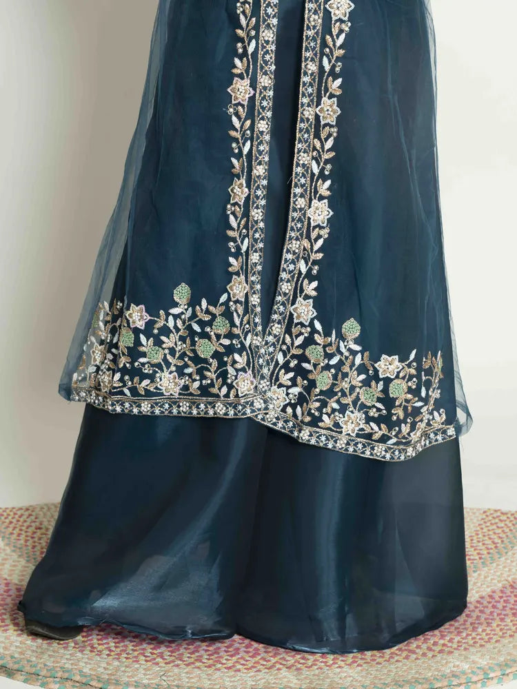 Teal Blue Delight – Palazzo, Blouse & Shrug Set