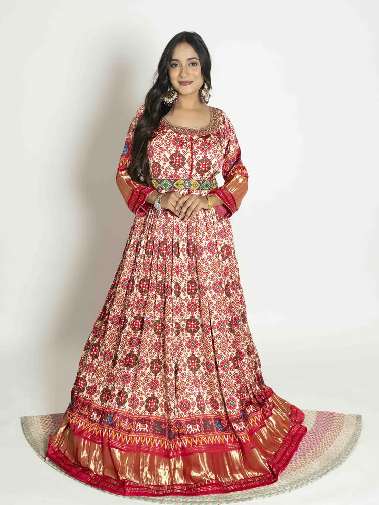 Cream Printed Anarkali Dupatta Suit