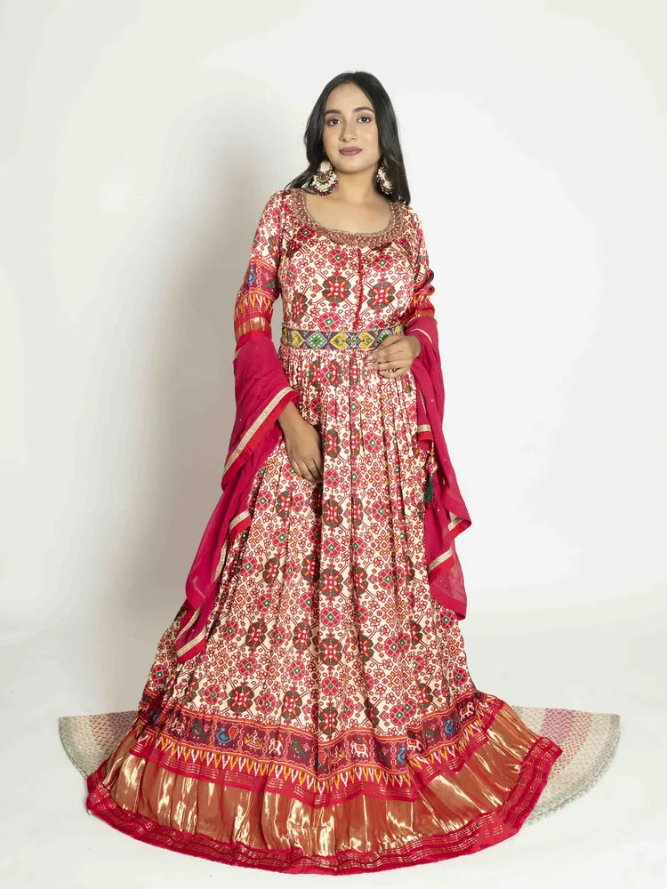 Cream Printed Anarkali Dupatta Suit