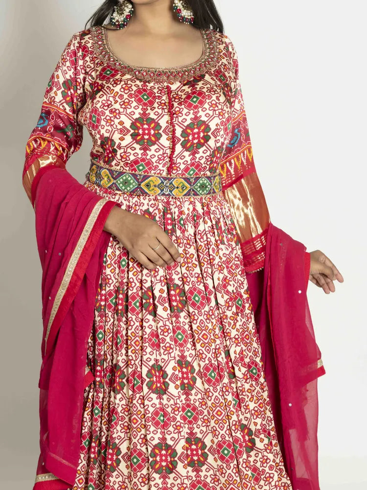 Cream Printed Anarkali Dupatta Suit