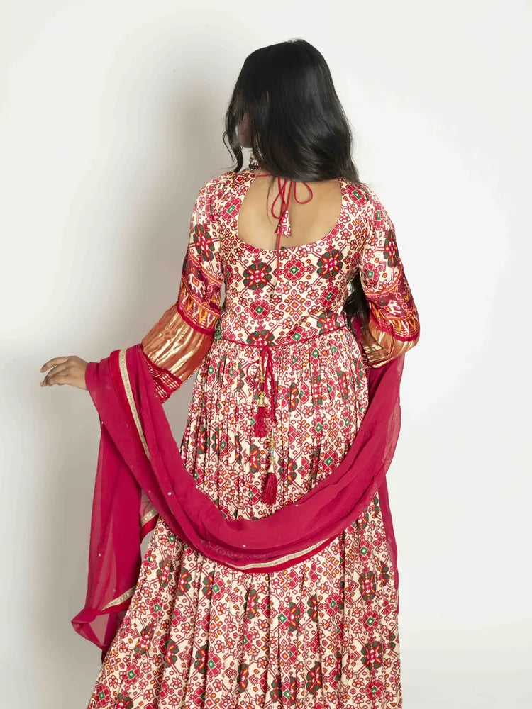 Cream Printed Anarkali Dupatta Suit