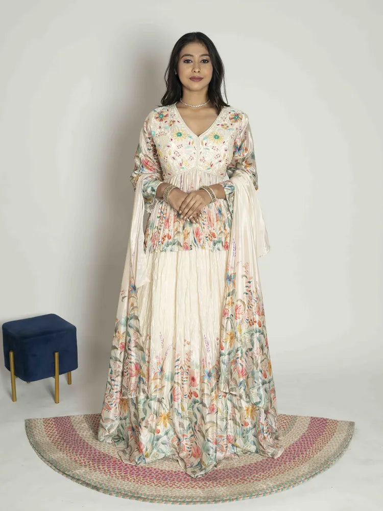 Off-White Elegance – Peplum, Skirt, Choker & Dupatta Set