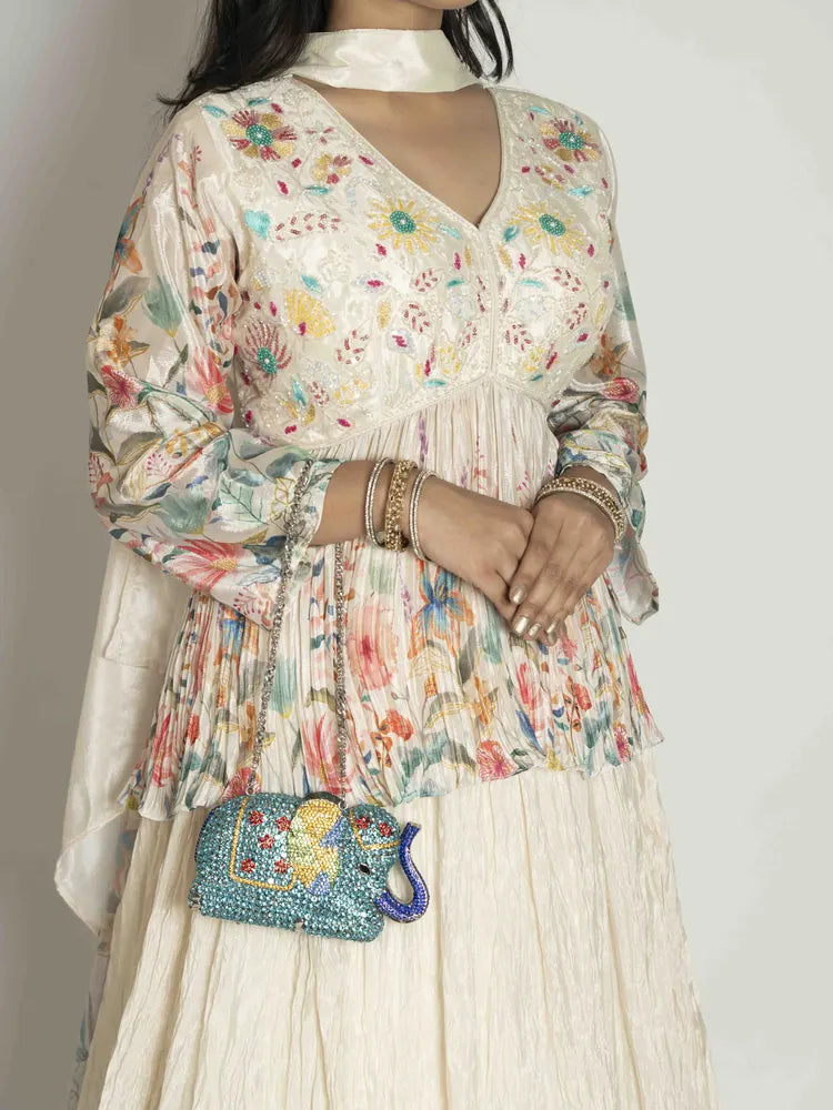 Off-White Elegance – Peplum, Skirt, Choker & Dupatta Set