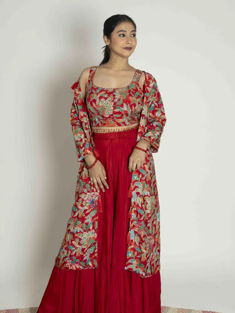 Red Radiance – Shrug, Palazzo & Crop Top Set