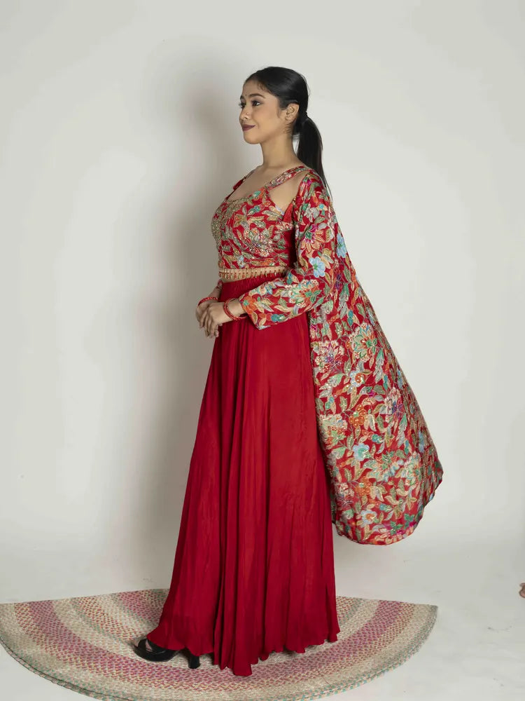 Red Radiance – Shrug, Palazzo & Crop Top Set