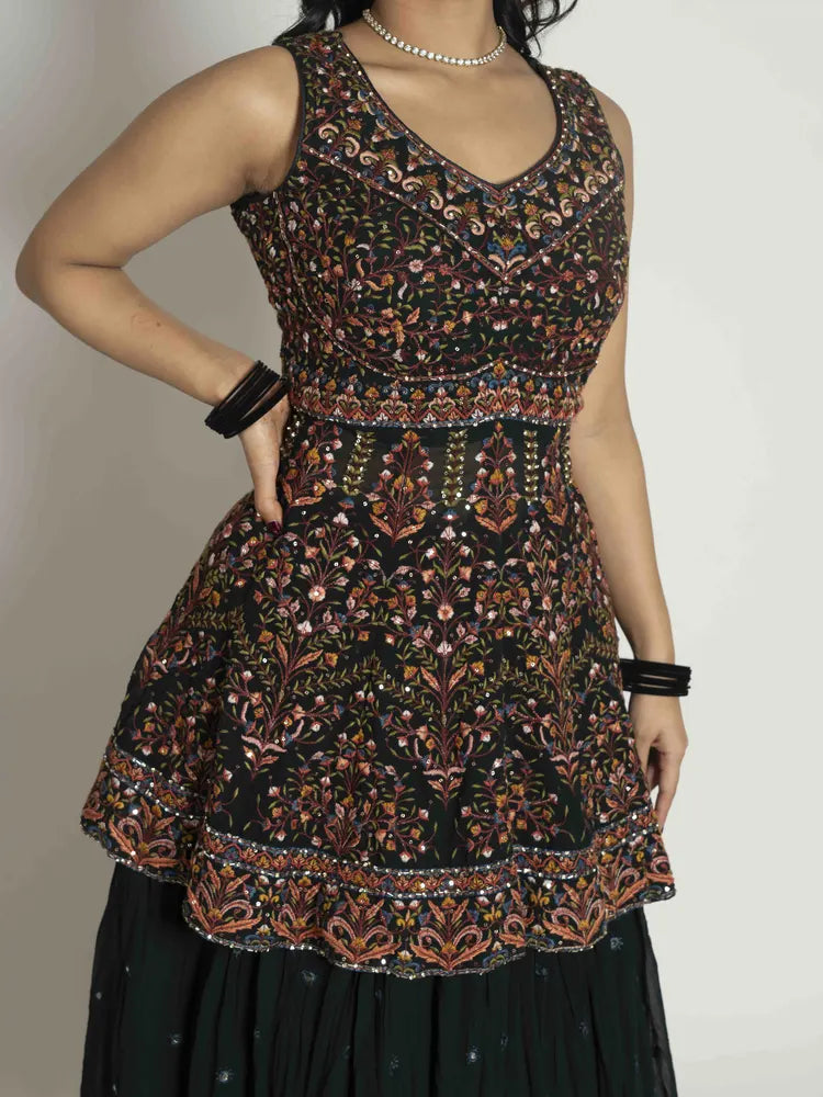 Black Multi Majesty – Peplum, Skirt & Dupatta Set