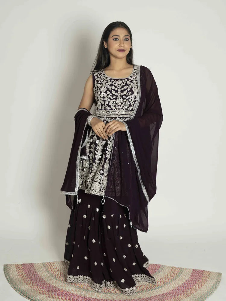 Wine Elegance – Peplum & Sharara Dupatta Set (5618-5633)
