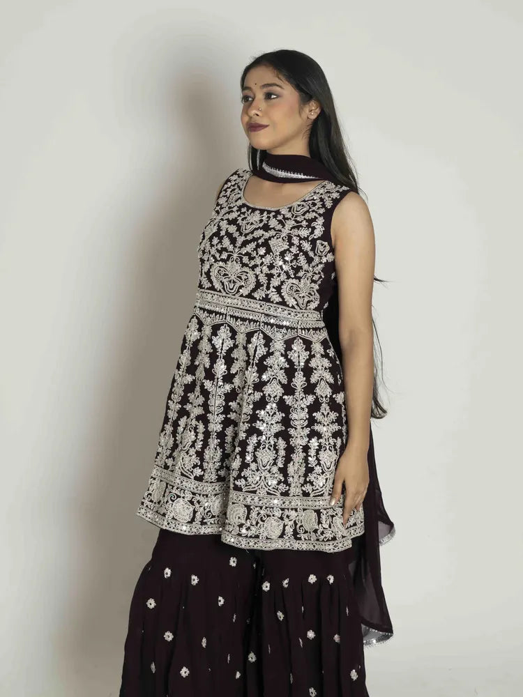 Wine Elegance – Peplum & Sharara Dupatta Set (5618-5633)