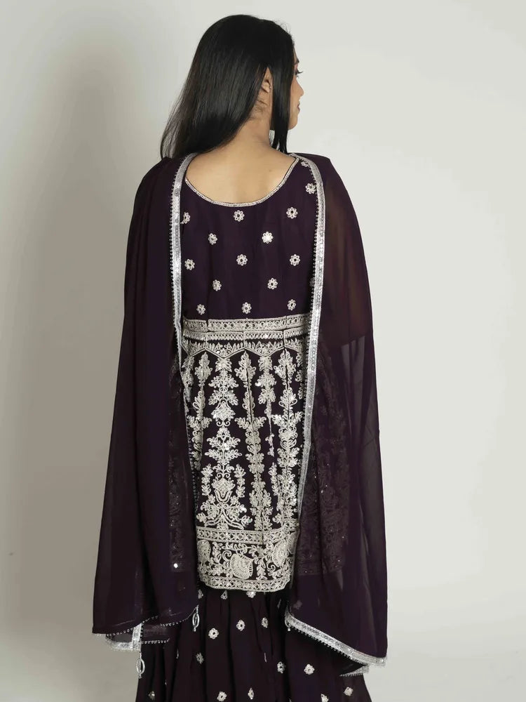 Wine Elegance – Peplum & Sharara Dupatta Set (5618-5633)