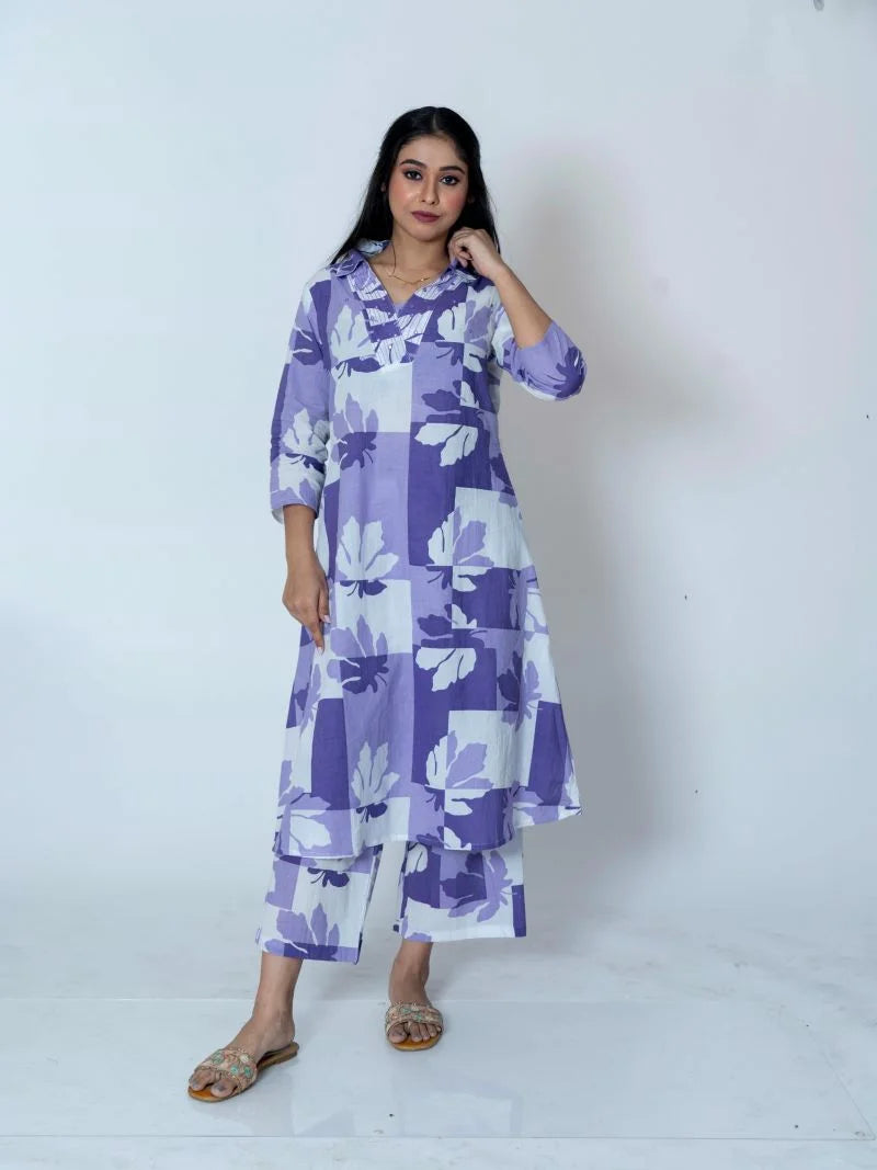 Lavender Bliss: Printed Cotton Suit Set