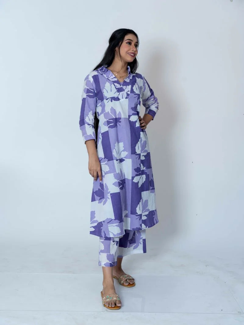 Lavender Bliss: Printed Cotton Suit Set