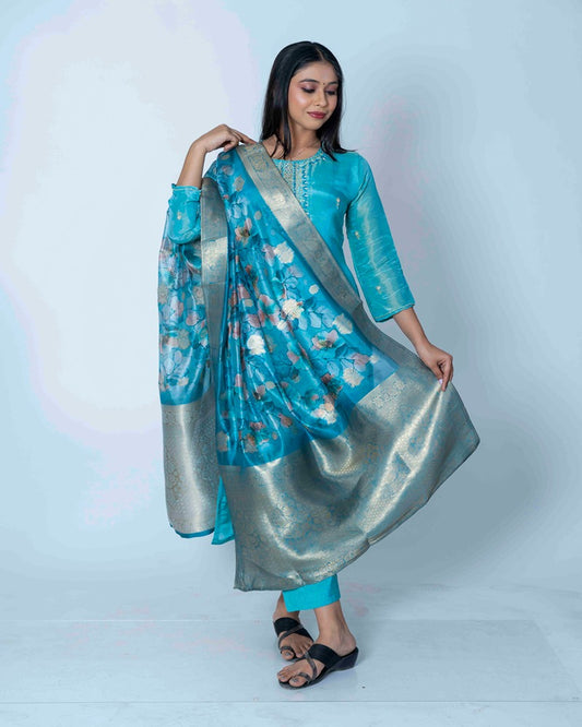 Blue Moon Suit: Shimmer Elegance with Banarasi Organza Dupatta