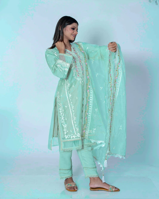 Pista Green Organza Suit