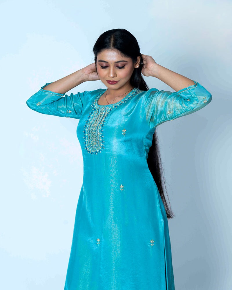 Blue Moon Suit: Shimmer Elegance with Banarasi Organza Dupatta
