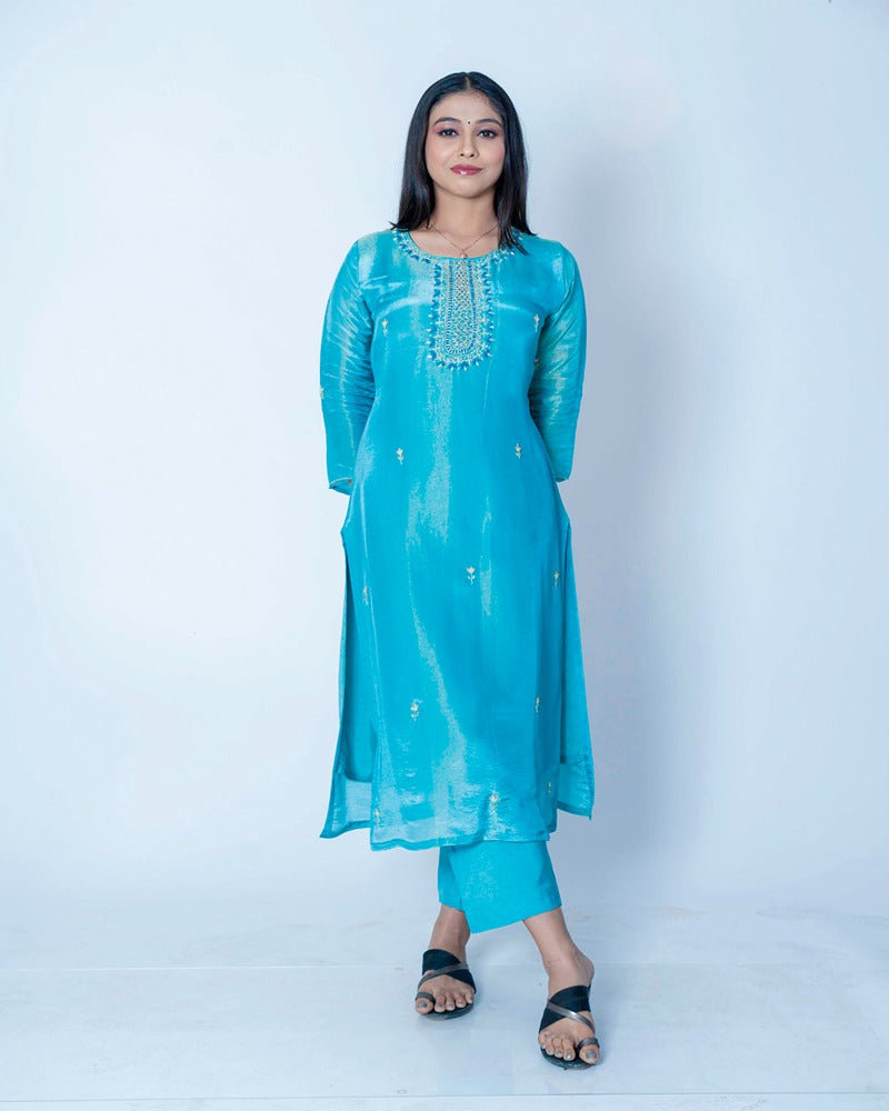 Blue Moon Suit: Shimmer Elegance with Banarasi Organza Dupatta