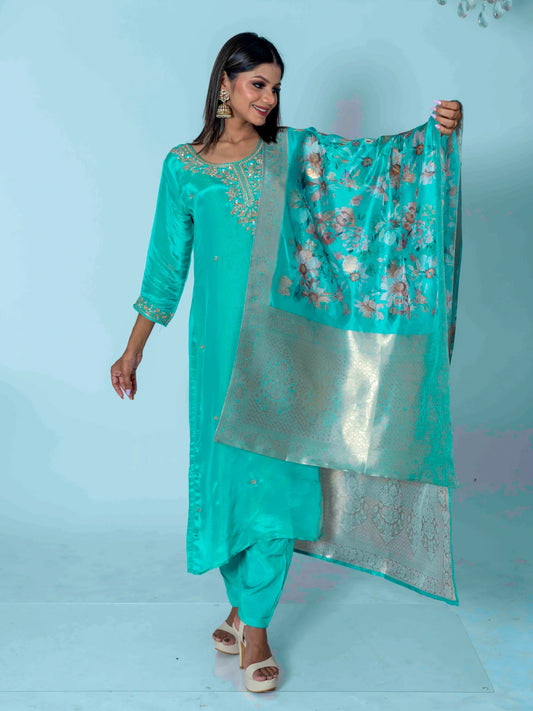 Ocean Breeze: Sea Green Designer Shimmar Opada Suit