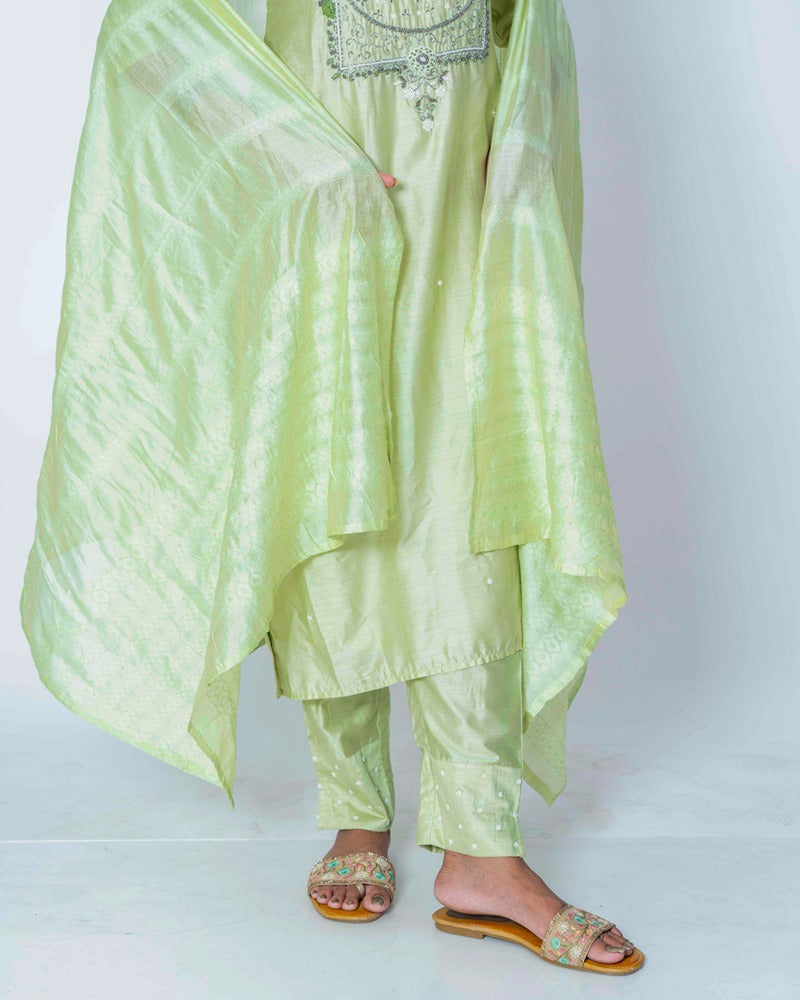Green Chanderi Silk Suit Set with Katdana Dupatta