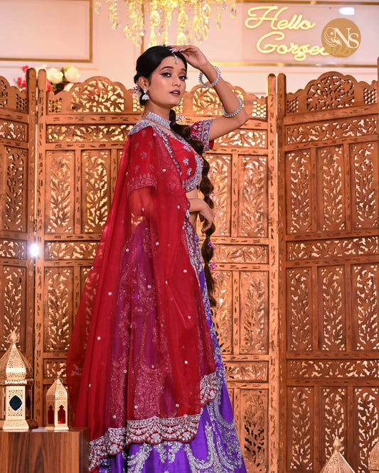 Zareen's Royal Bliss: Red & Purple Wedding Lehenga (Signature Series)