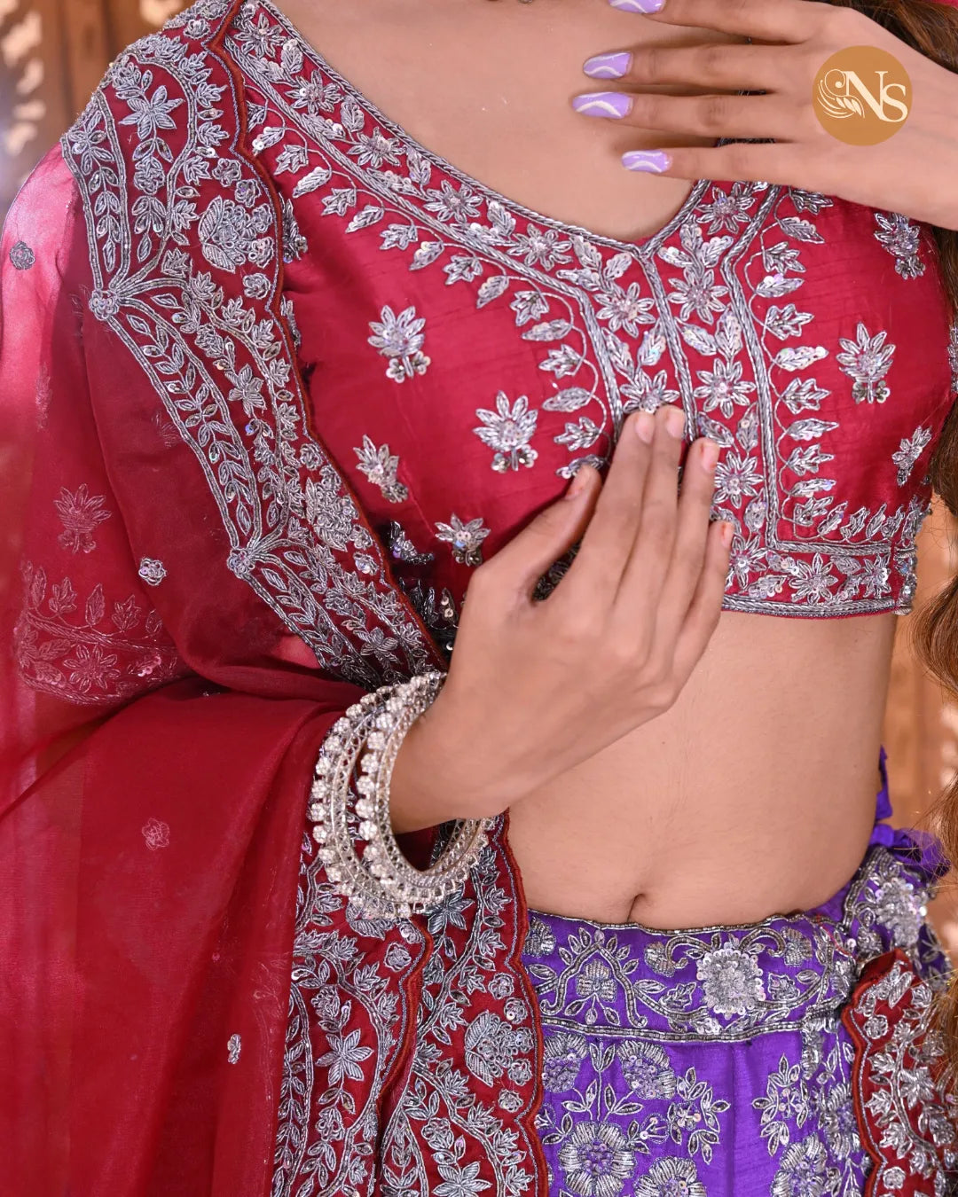 Zareen's Royal Bliss: Red & Purple Wedding Lehenga (Signature Series)