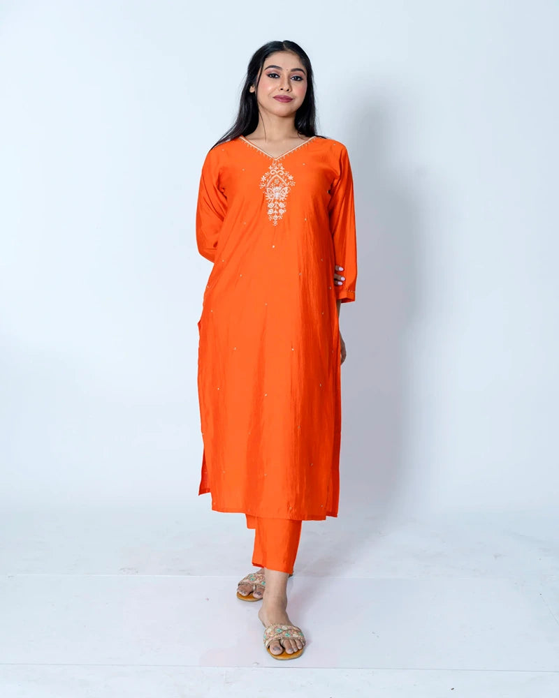 Citrus Glow: Orange Chinnon Suit