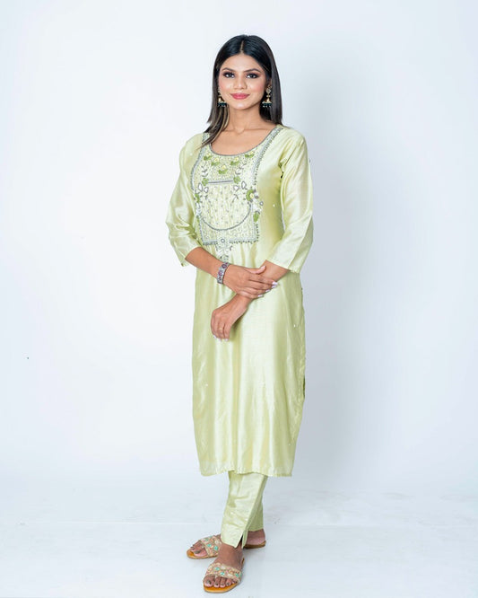 Green Chanderi Silk Suit Set with Katdana Dupatta