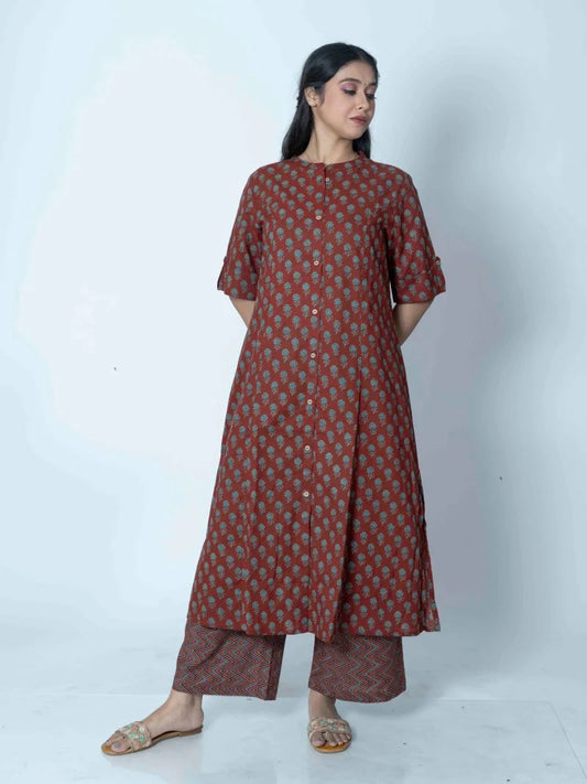 Crimson Maroon Printed Cotton Suit Set