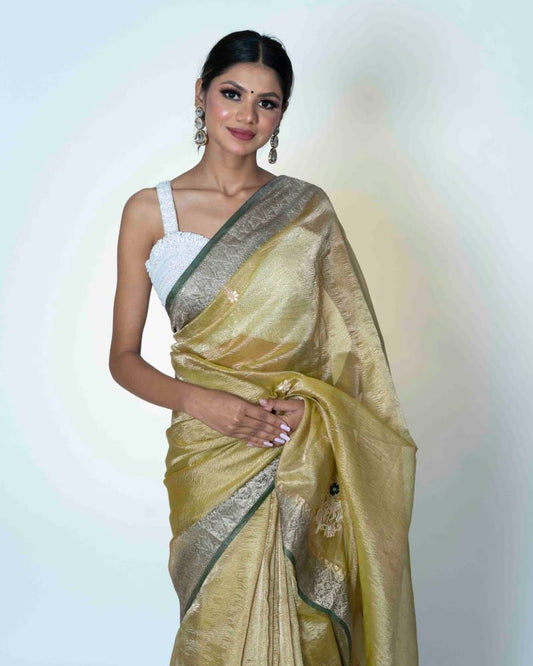 Emerald Elegance Green Crush Tissue Banarasi Saree