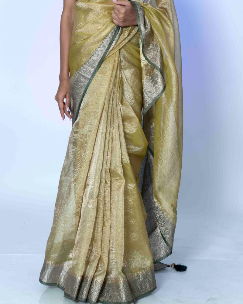 Emerald Elegance Green Crush Tissue Banarasi Saree