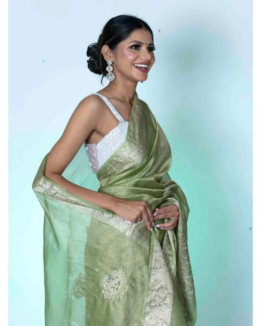 Emerald Elegance Green Crush Tissue Banarasi Saree with White Blouse