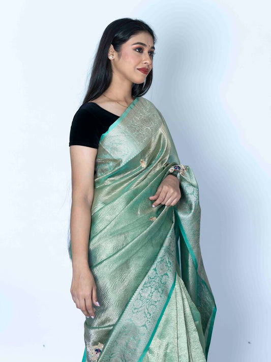 Grace Green Crush Tissue Saree with Banarasi Border