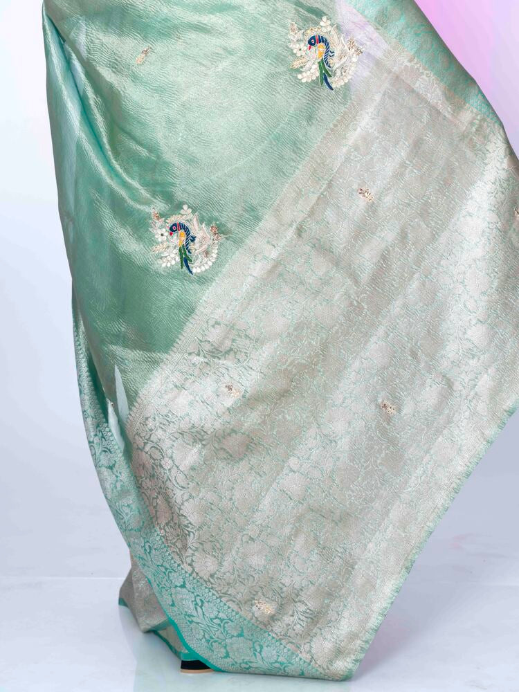 Grace Green Crush Tissue Saree with Banarasi Border