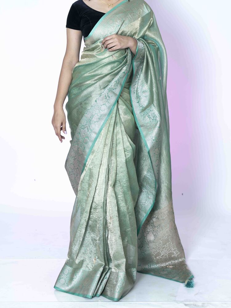 Grace Green Crush Tissue Saree with Banarasi Border